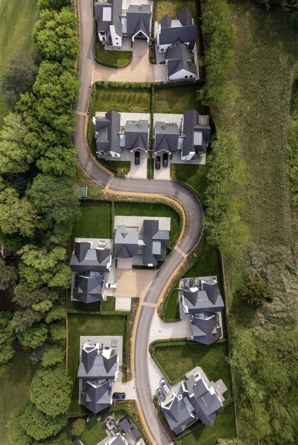 Aerial view of a new-build housing development among trees