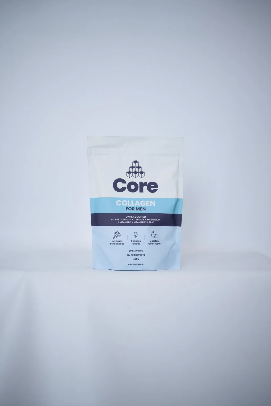 Supplement pouch photographed on a plain pale background