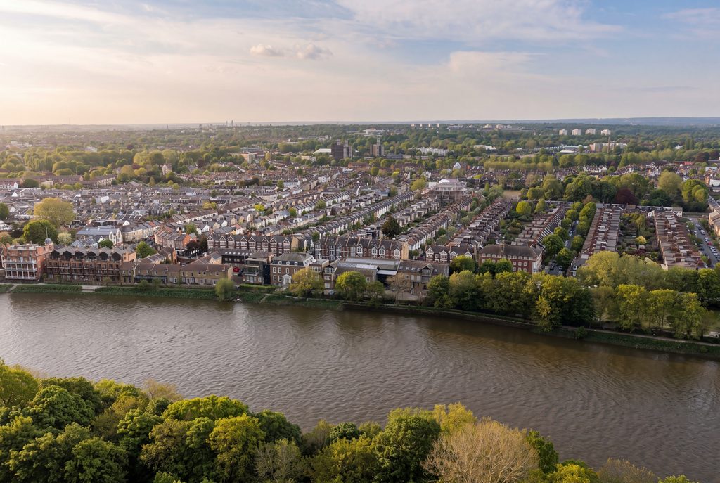 Aerial view of a riverside town, the kind of area a local search covers