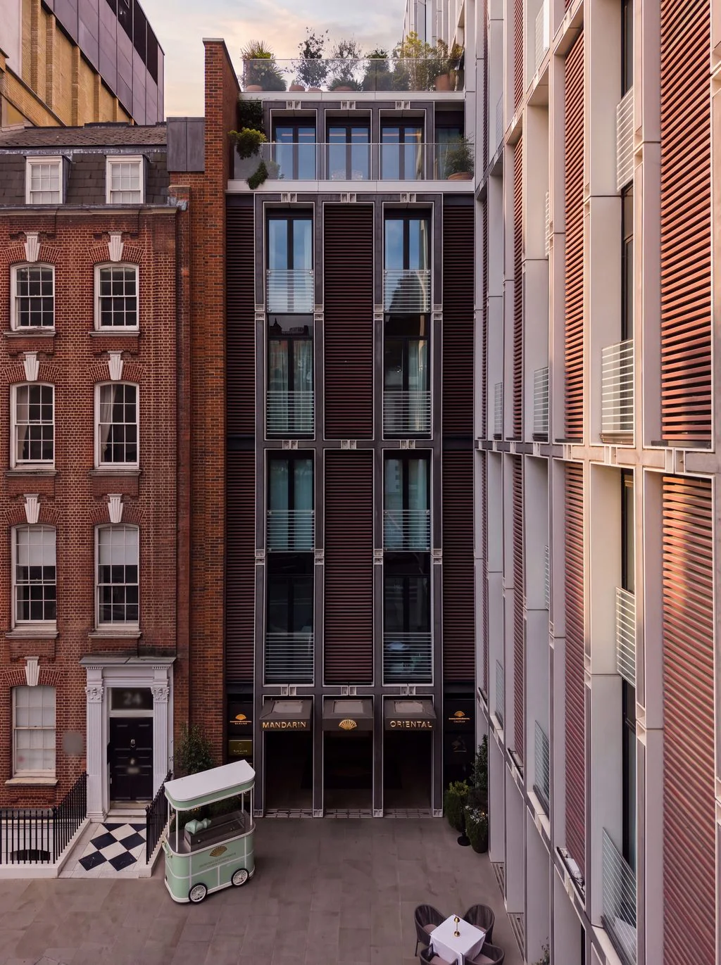 Aerial view of a courtyard between period and modern buildings