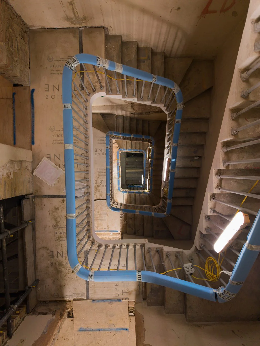 Looking down a staircase under construction