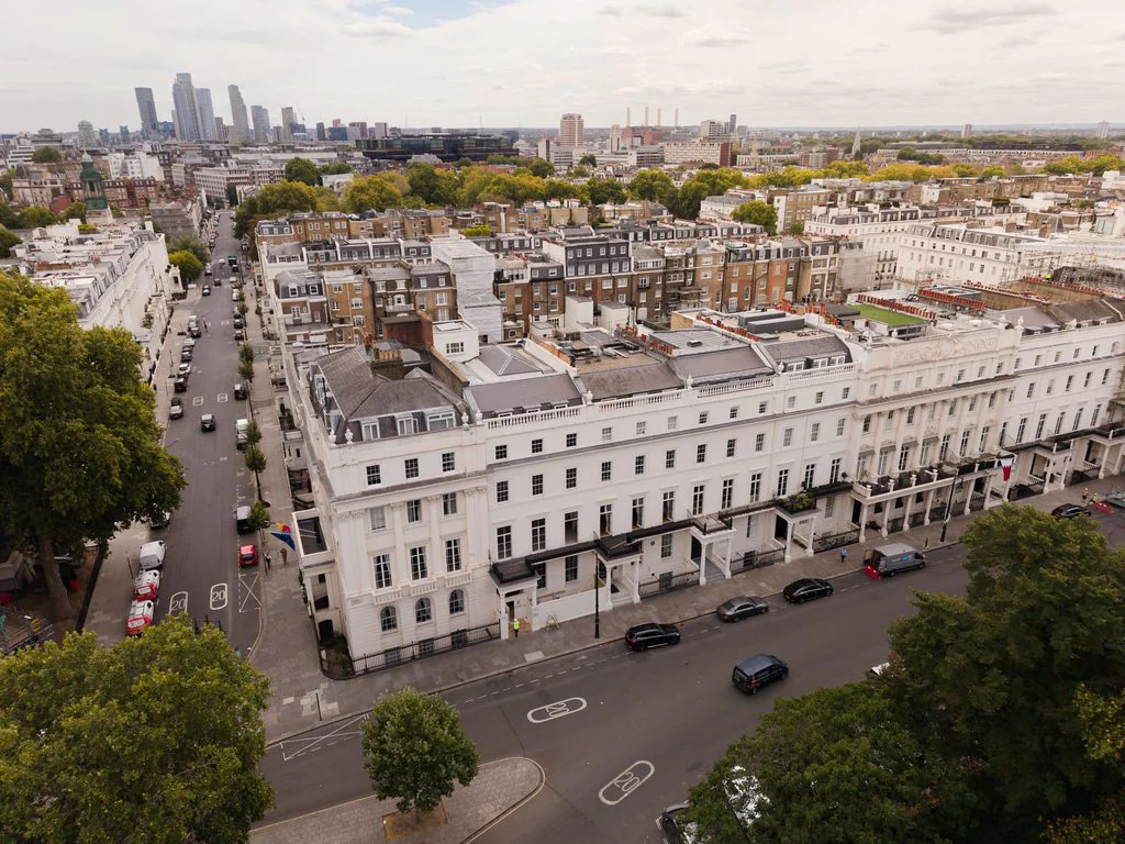 Aerial view of a London terrace with the skyline beyond
