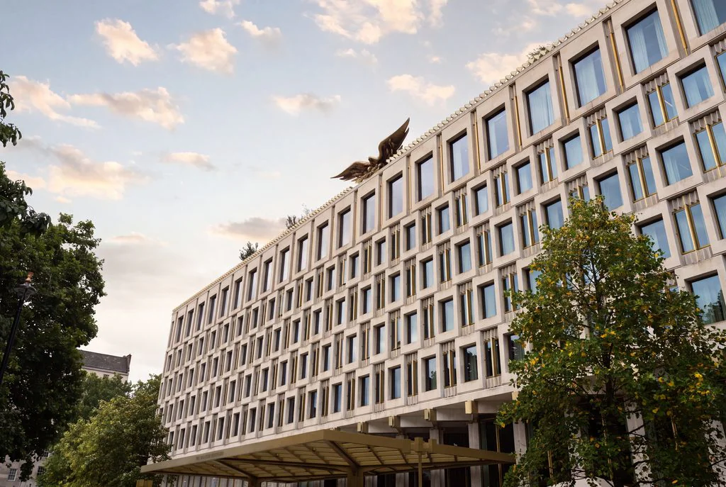 Contemporary office facade at sunset
