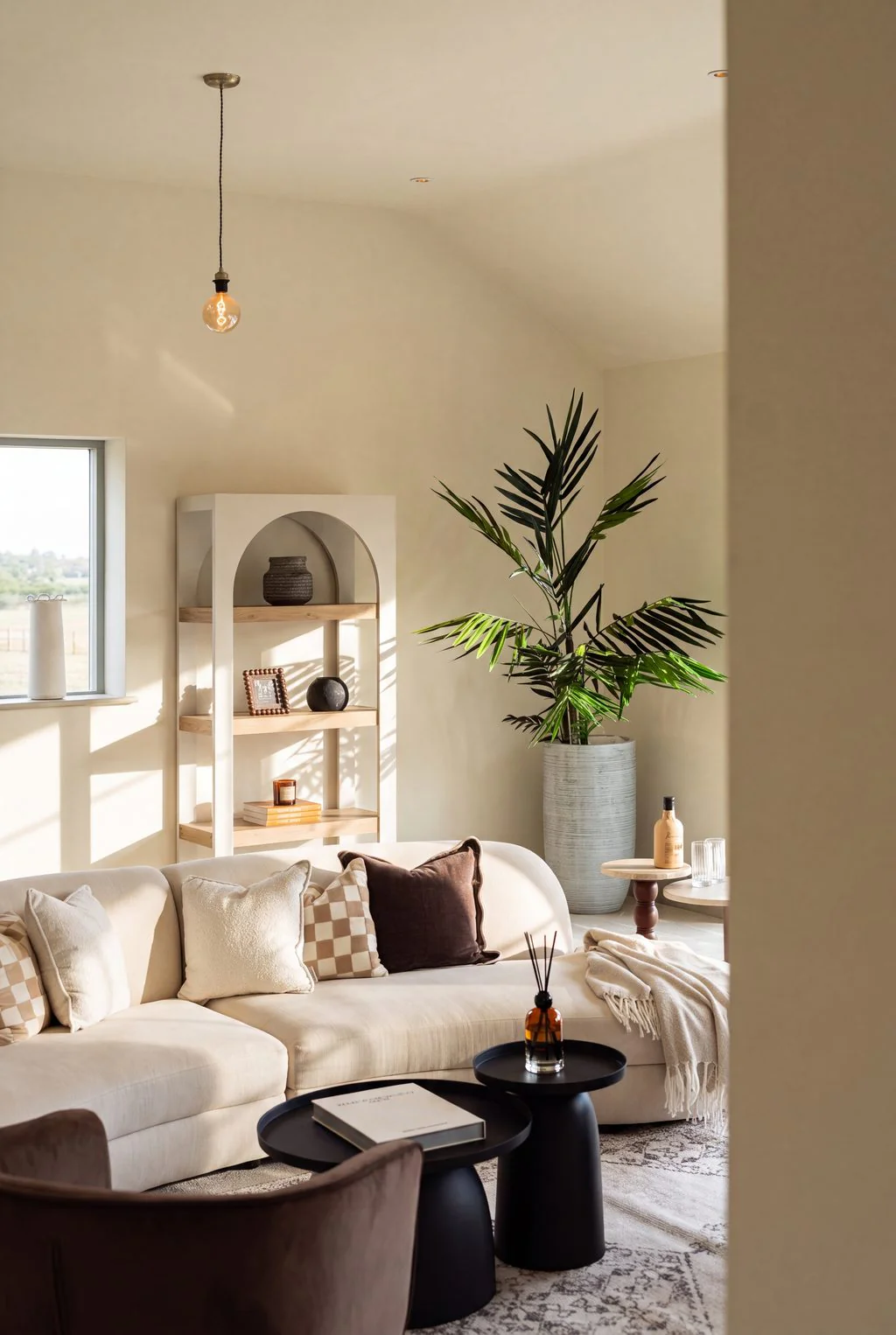 Living room with cream sofa and arched shelving