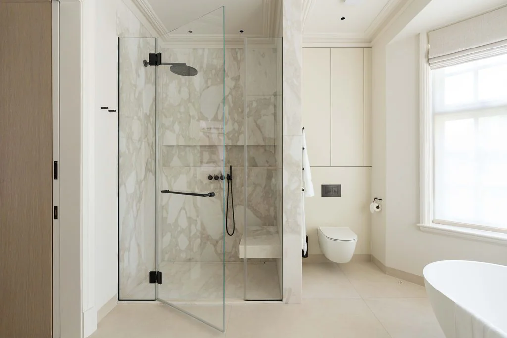 Marble shower room with walk-in shower