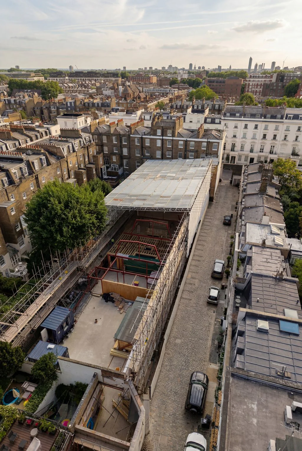 Aerial view of London terraces and a construction site